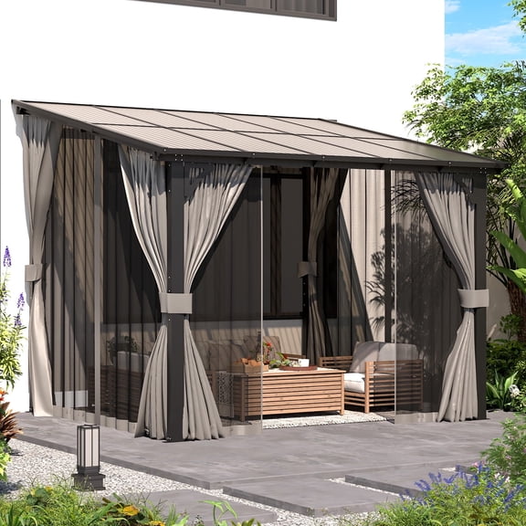 YODOLLA 10' x 8' Hardtop Gazebo Outdoor Wall-Mounted Lean to Gazebo with Netting and Curtain Aluminum Metal Pergola ​For Garden, Patio, Backyard-​Dark ​Gray