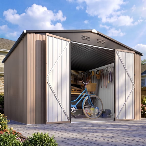 YODOLLA 10' x 8' Outdoor Metal Storage Shed in Brown Patio Storage Building with Lockable Door for Garden, Backyard