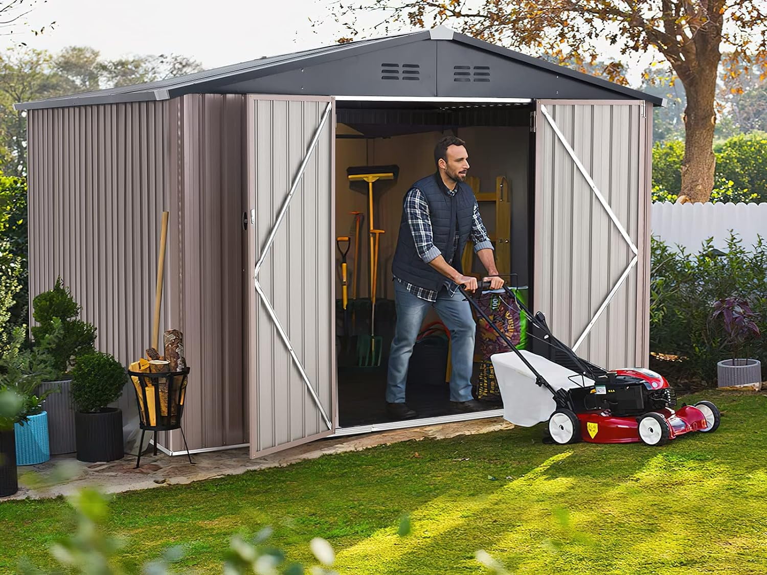 YODOLLA 10' x 8' Outdoor Metal Storage Shed in Brown Patio Storage