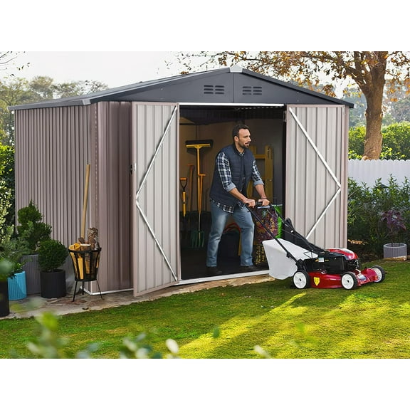YODOLLA 10' x 8' Outdoor Metal Storage Shed in Brown Patio Storage Building with Lockable Door for Garden, Backyard