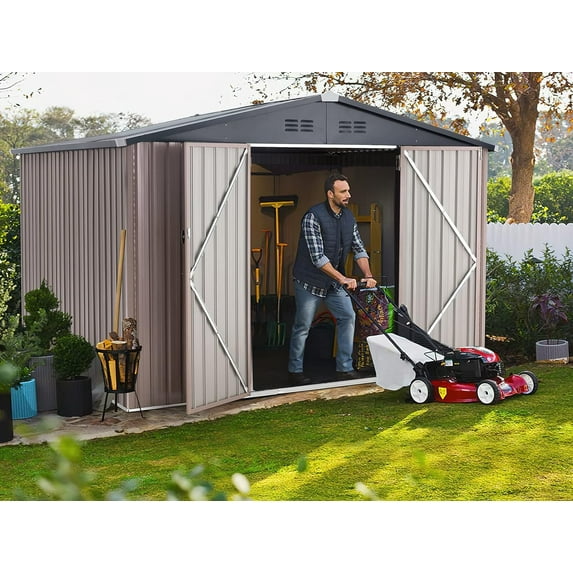 YODOLLA 10' x 8' Outdoor Metal Storage Shed in Brown Patio Storage Building with Lockable Door for Garden, Backyard