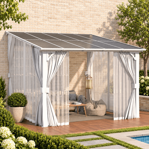 YODOLLA 10x10ft Wall-Mounted Hardtop Gazebo with Curtains and Mosquito Netting, Outdoor Pergola for Patio and Deck, White