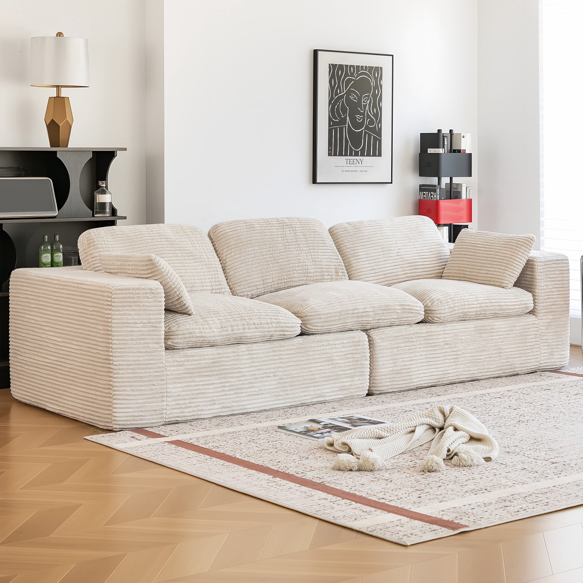 YODOLLA 110" Oversized Boneless Couch for Living Room,Cloud Sectional Sofa with Fluffy Corduroy Seat Cushions, 3 Seater Upholstered Floor Sofa, No Assembly Required, Beige