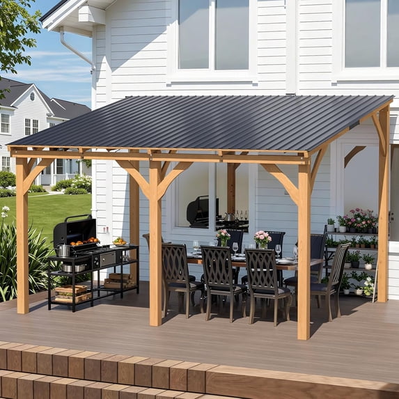 YODOLLA 12' x 10' Wall-Mounted Outdoor Wood Gazebo, Hardtop Cedar Pergola with Heavy-Duty Awnings for Patio, Deck, Backyard