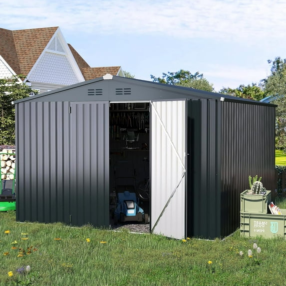 YODOLLA 12 x 12 ft. Outdoor Metal Storage Shed with Sliding Roof & Lockable Door in Dark Gray