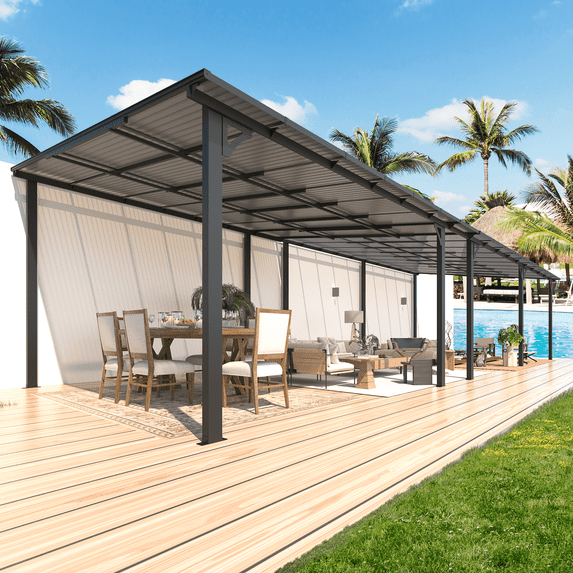 YODOLLA 12' x32' Hardtop Gazebo Outdoor Wall-Mounted Aluminum Pergola for Garden, Patio, Backyard-Gray