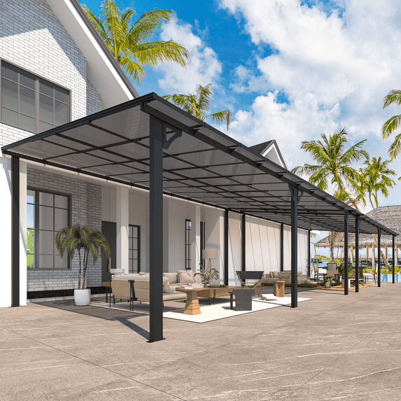 YODOLLA 12' x40' Hardtop Gazebo Outdoor Wall-Mounted Aluminum Pergola for Garden, Patio, Backyard-Gray