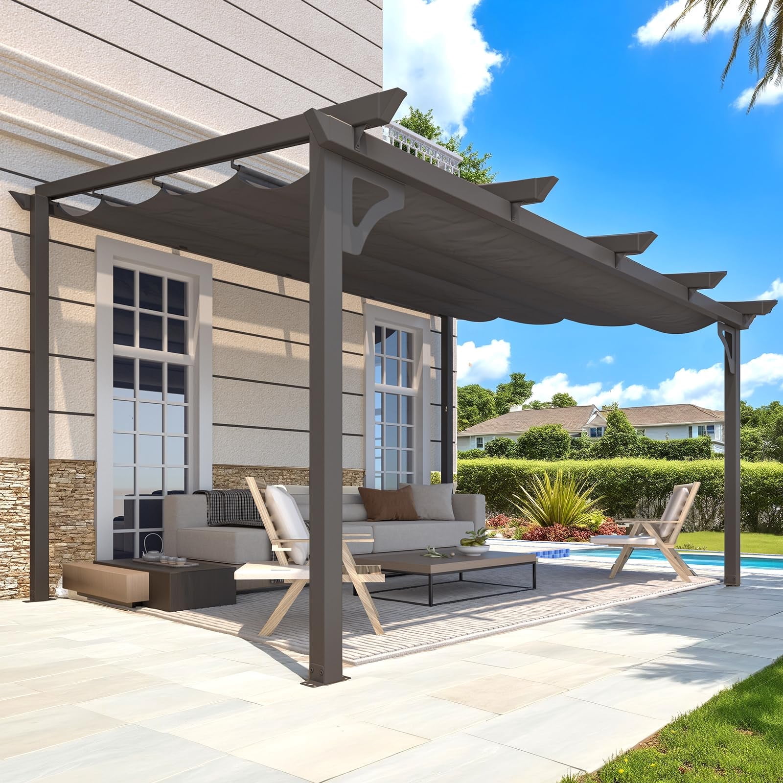 YODOLLA 14' x 10' Outdoor Lean to Gazebo, Retractable Pergola with Adjustable Sun Shade Canopy Roof, Aluminum Awnings ​for Garden, Patio, Backyard, Dark ​Gray