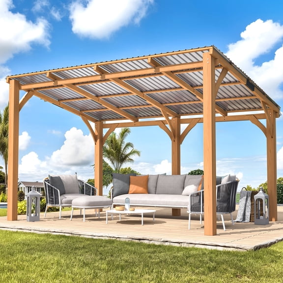 YODOLLA 14' x 10' Wall-Mounted Outdoor Wood Gazebo, Hardtop Cedar Pergola with Heavy-Duty Awnings for Patio, Deck, Backyard