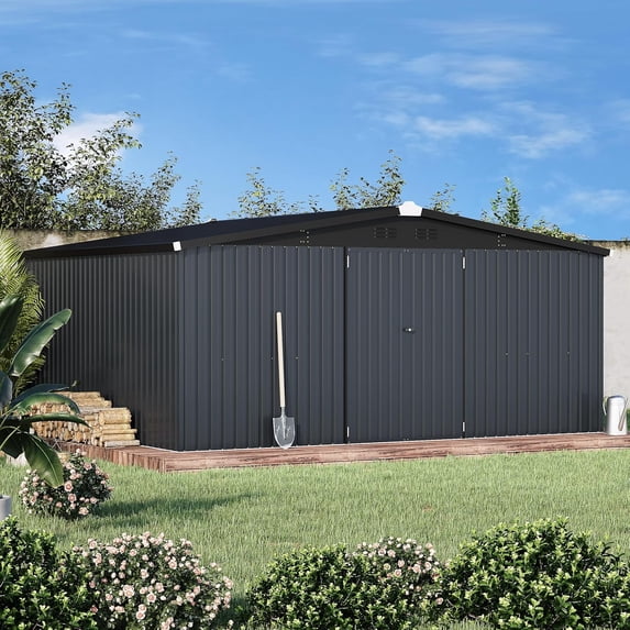 YODOLLA 14' x 12' Outdoor Storage Shed with Lockable Door Patio Metal Garden Storage Building in Dark Gray for Outside
