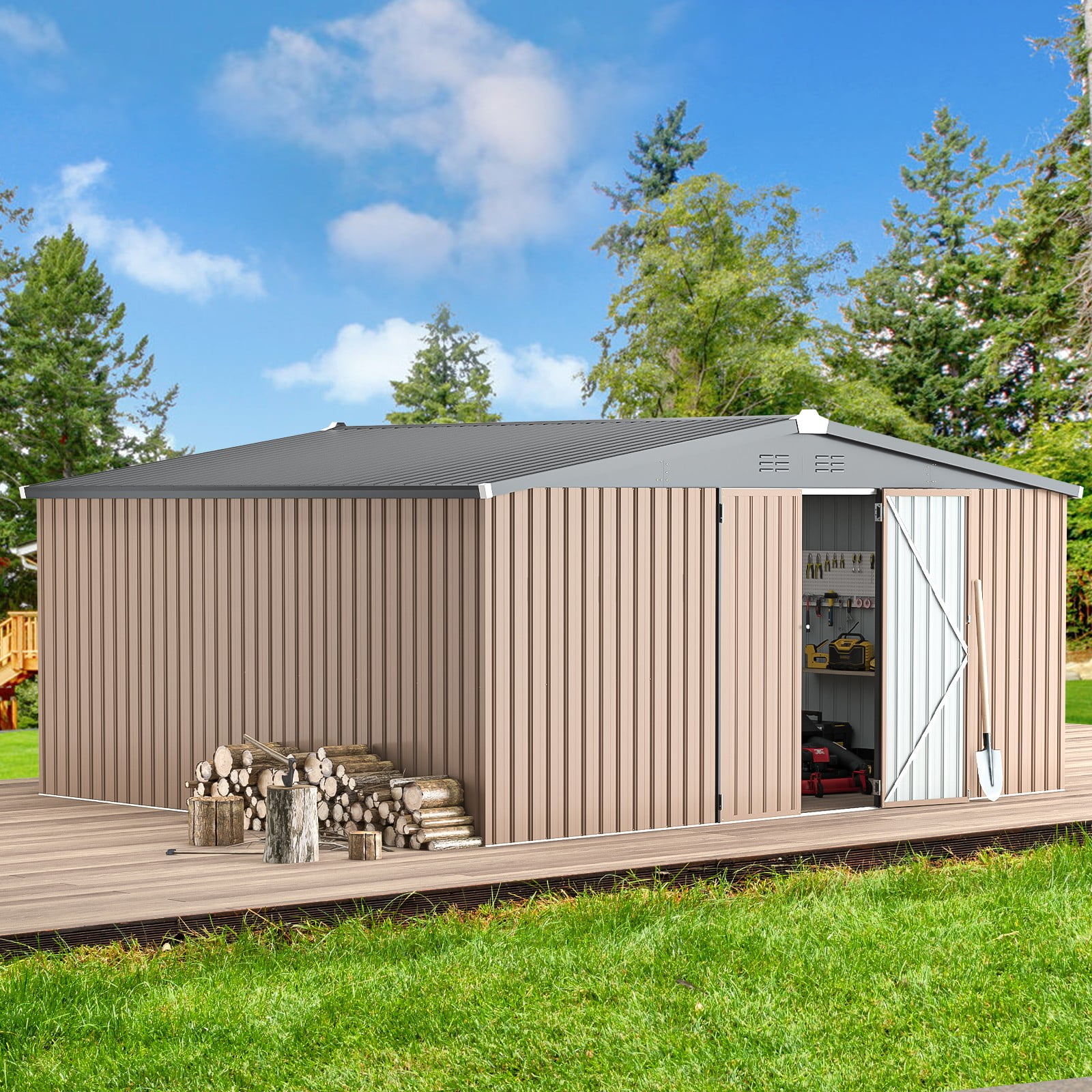 YODOLLA Aluminium Frame 14x12 ft Outdoor Storage Shed, Sliding Roof ...