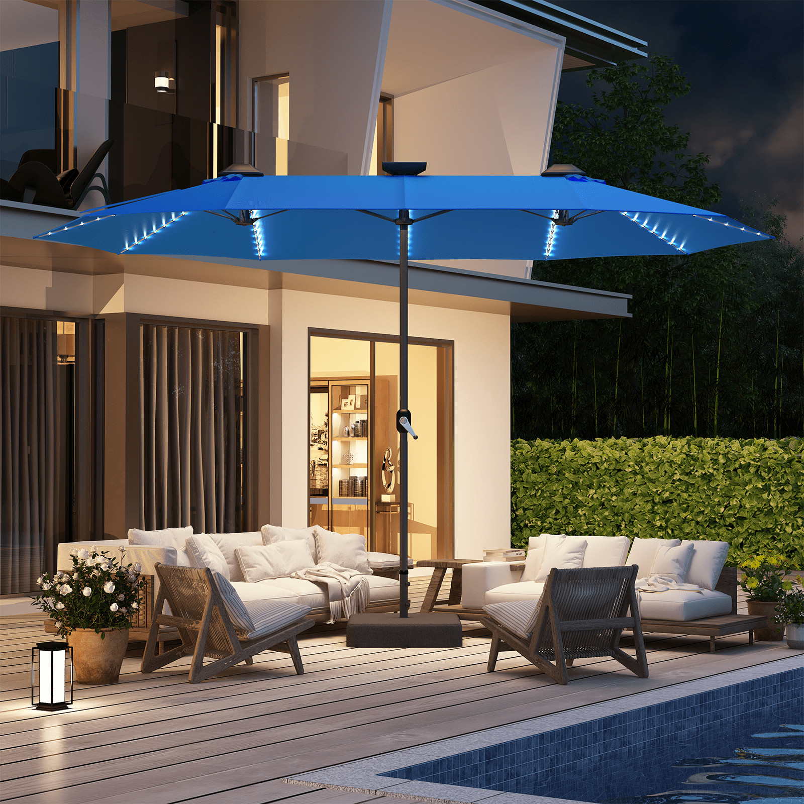 15 x 9 patio umbrella with lights YODOLLA 15 x 9 ft Double-Sided Rectangular Patio Umbrella with Solar Lights  & Included Base, 360° All-Round Lighting, 1.9