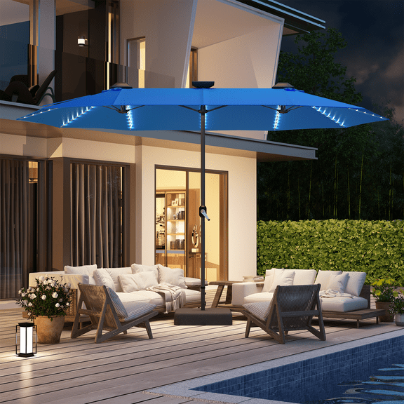 YODOLLA 15 x 9 ft Double-Sided Rectangular Patio Umbrella with Solar Lights & Included Base, 360° All-Round Lighting, 1.9" Pole, Drak Blue