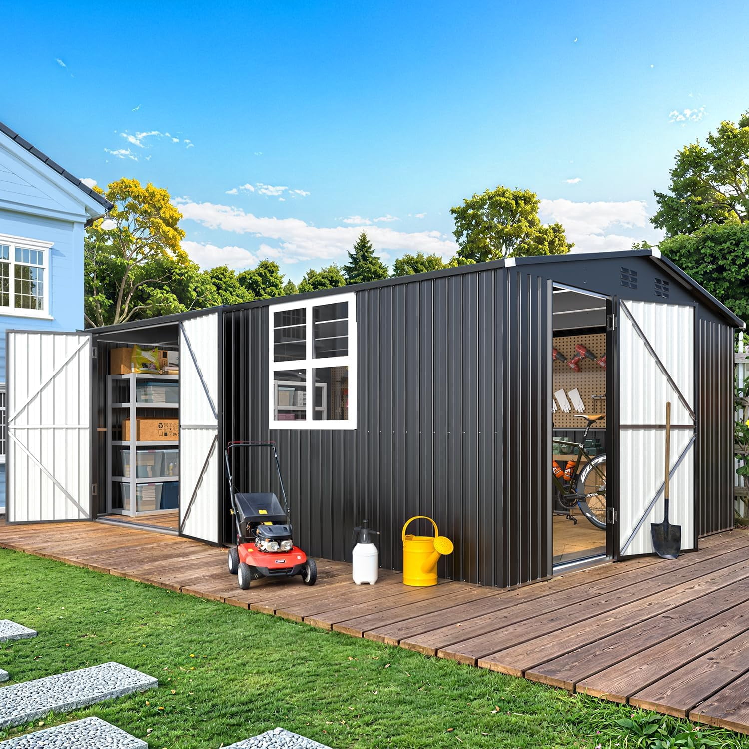 YODOLLA 16' x 12' Metal Outdoor Storage Shed with Side & Front Doors ...