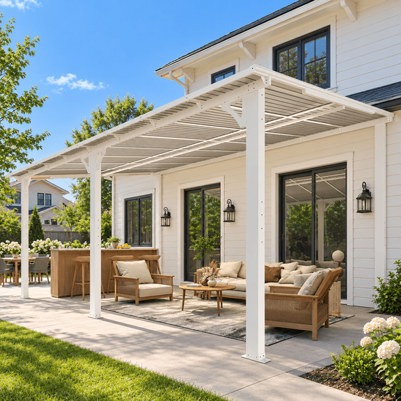 YODOLLA 16x10ft Wall-Mounted Hardtop Gazebo with Patio Roof, Heavy Duty Outdoor Pergola for Backyard, White
