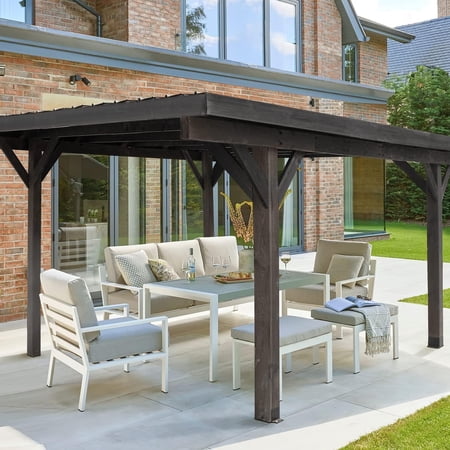 YODOLLA 17x12ft Wooden Carport Garage Outdoor Gazebo Wooden Pergola for Backyard, Coffee