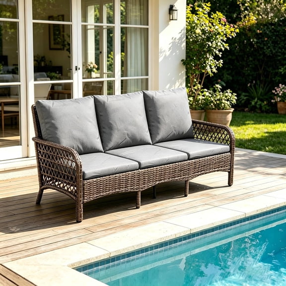 YODOLLA 1PCS Dark Grey Wicker 3-Seater Sofa, High Back Outdoor Patio Sectional Couch