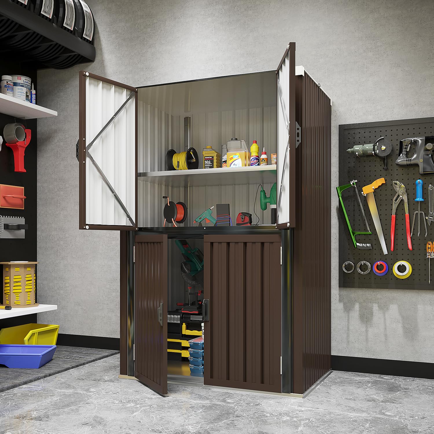 YODOLLA 2.5'x 3.5' Outdoor Metal Storage Cabinet with Locking Doors and Adjustable Shelves for Home, Office,Garden(Brown)