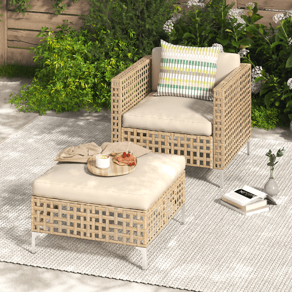 YODOLLA 2-Piece Patio Furniture Set, Boho Style Arm Chair Rattan Wicker Single Sofa Couch with Coffee Table In Beige