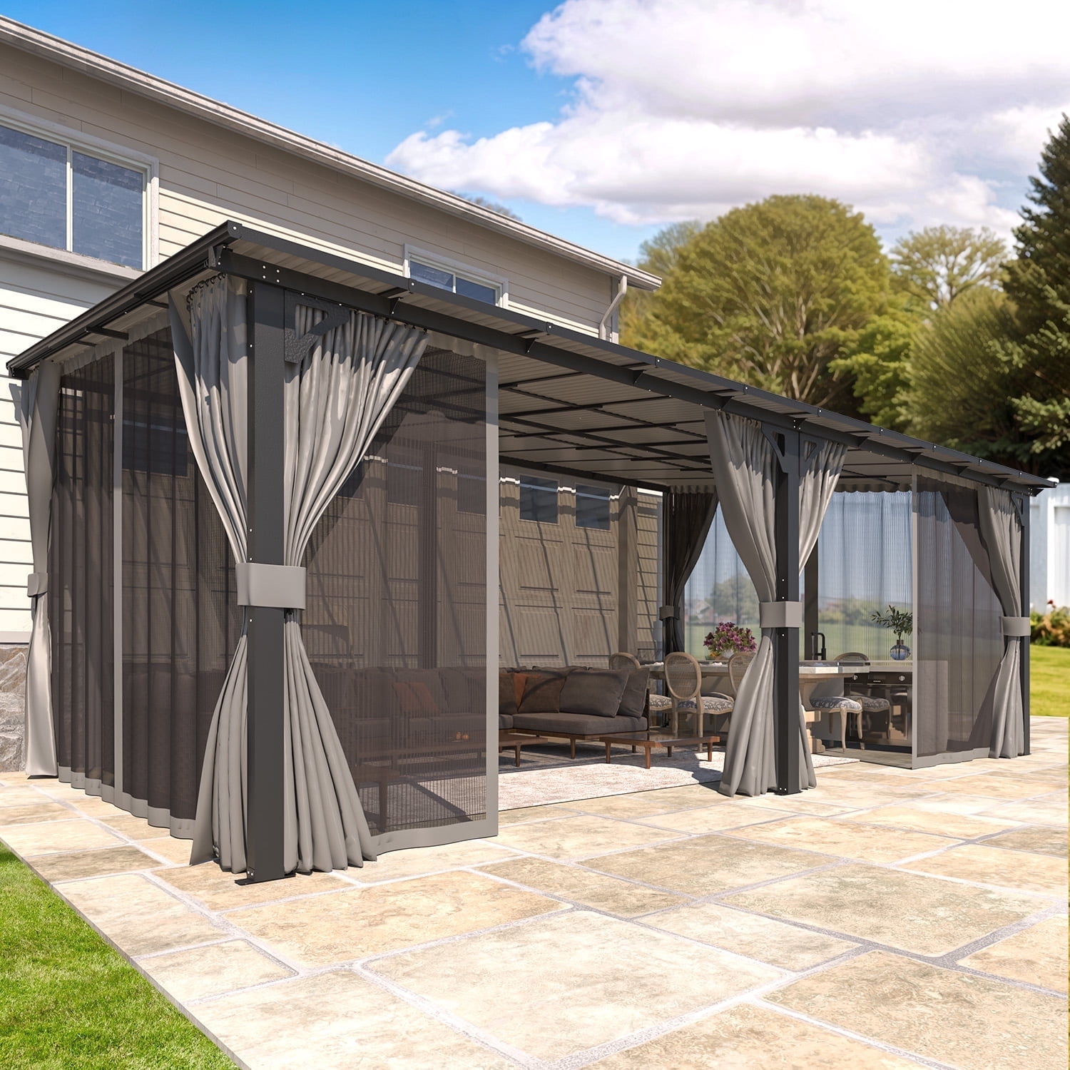 YODOLLA 20' x 12' Hardtop Gazebo Outdoor Wall-Mounted Lean to