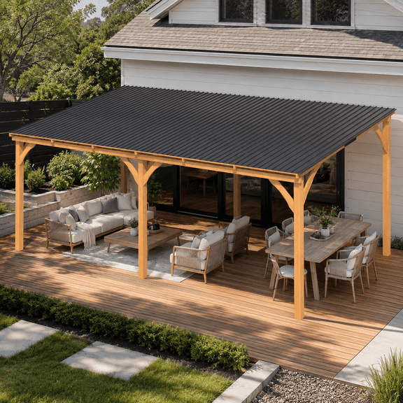 YODOLLA 20'x10' Wooden Hardtop Wall-Mounted Lean-to Gazebo for Patio