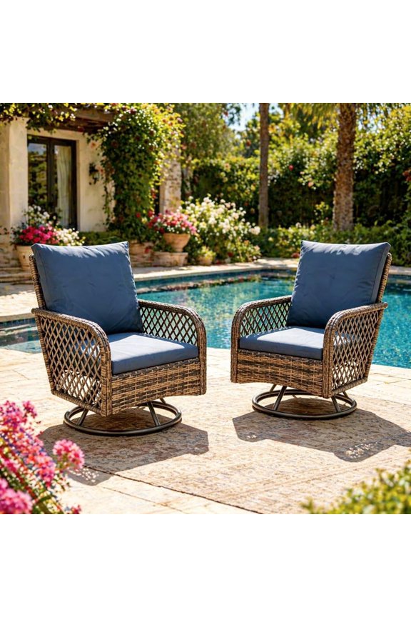 2PCS Dark Blue Wicker Patio Chairs, High Back Swivel Glider Outdoor Conversation Set