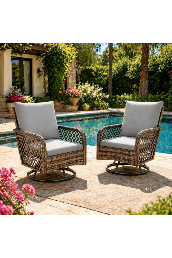 2PCS Dark Grey Wicker Patio Chairs, High Back Swivel Glider Outdoor Conversation Set