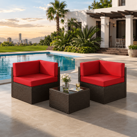 YODOLLA 3-Piece Patio Conversation Set, Outdoor Wicker Furniture with 2 Corner Chairs & Coffee Table, for Lawn& Backyard, Red Cushions and Brown PE Rattan