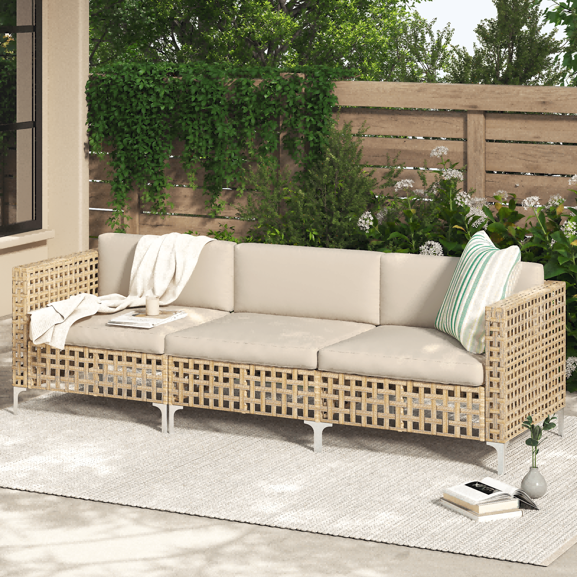 Garvee 4-Piece PE Wicker Patio Set - L-Shaped Sectional Sofa With Cushions, Chairs & Glass Table, Beige Boho 5-Seater For Backyard
