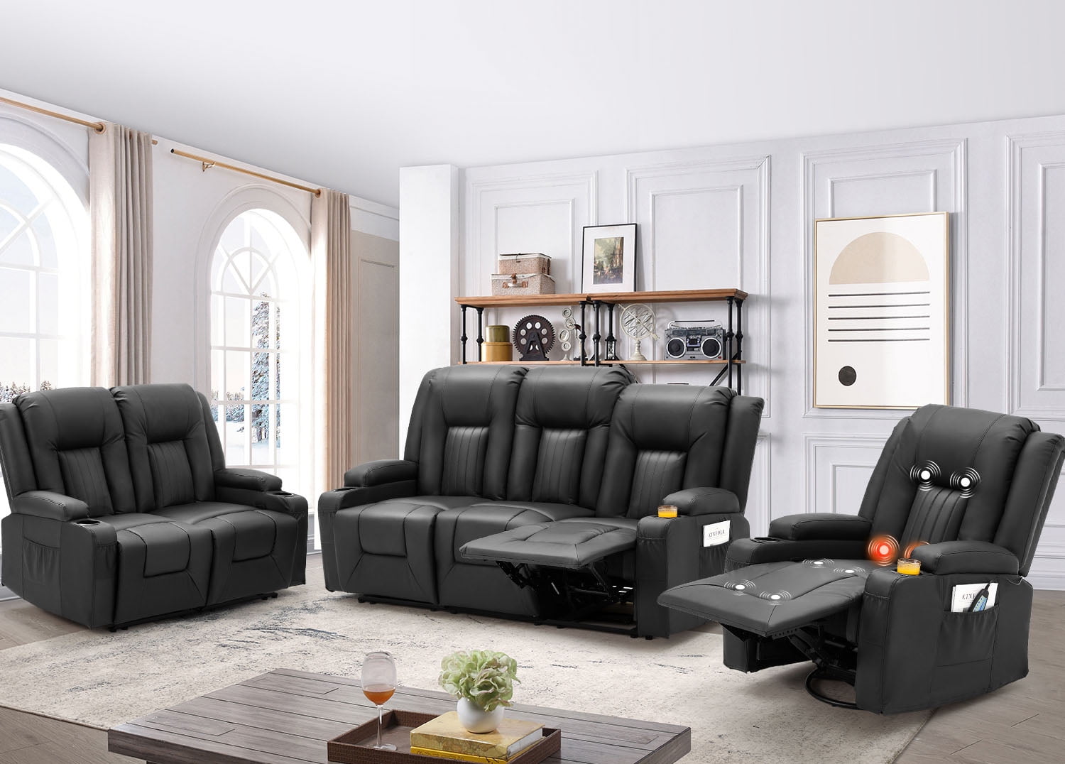 YODOLLA 3 Pieces Leather Recliner Sofa Set with Swivel Massage Chair Modern Manual Control Couch Set Overstuffed Reclining Sofa Home Theater Seat RV