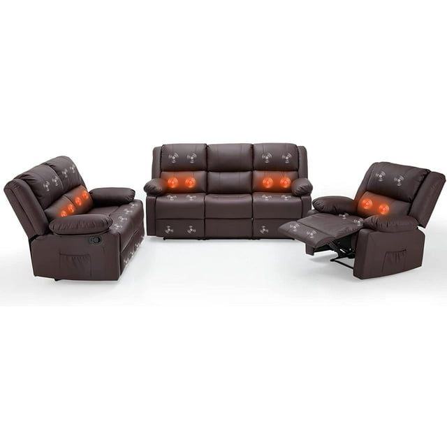 YODOLLA 3 Pieces Recliner Sofa Set with Massage Heated Function, Home Theater Seating Leather Couch Set with Side Pockets, Brown