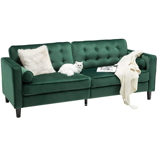 YODOLLA 3-Seat 84.2" Upholstered Sofa with Bolster Pillows, Green Velvet
