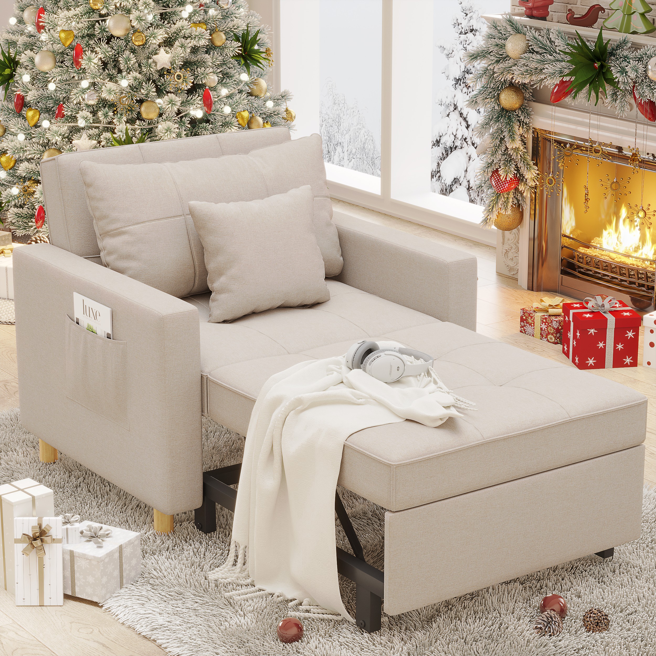 YODOLLA 3-in-1 Futon Convertible Sleeper Sofa Bed Chair for Living Room,Pull Out Couch in Beige