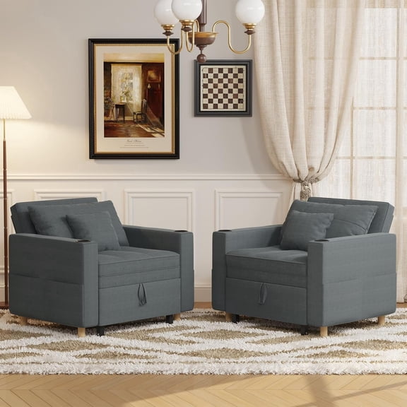 YODOLLA Sleeper Chair, 38" Extra-Wide 3-in-1 Convertible Pull-Out Single Sofa with Adjustable Backrest and Cup Holder, Dark Grey（One Set）