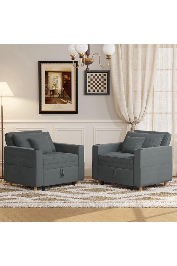 Sleeper Chair, 38" Extra-Wide 3-in-1 Convertible Pull-Out Single Sofa with Adjustable Backrest and Cup Holder, Dark Grey（One  PC）