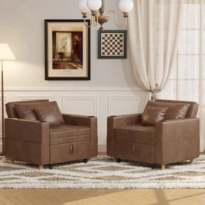 YODOLLA Sleeper Chair, 38" Extra-Wide 3-in-1 Convertible Pull-Out Single Sofa with Adjustable Backrest and Cup Holder, Saddle Brown（One PC）