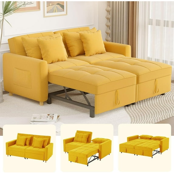 YODOLLA 3-in-1 Futon Pull Out Couch & 71" Sleeper Sofa Bed for Living Room & Bedroom, Convertible Loveseat in Yellow