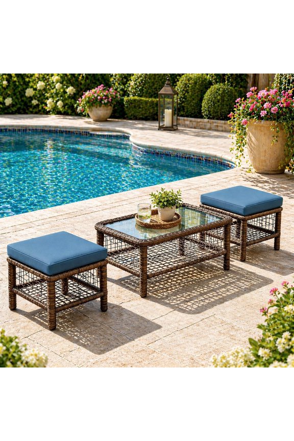3PCS Dark Blue Wicker Patio Furniture Set, 2 Ottomans with Central Table, Outdoor Conversation Set