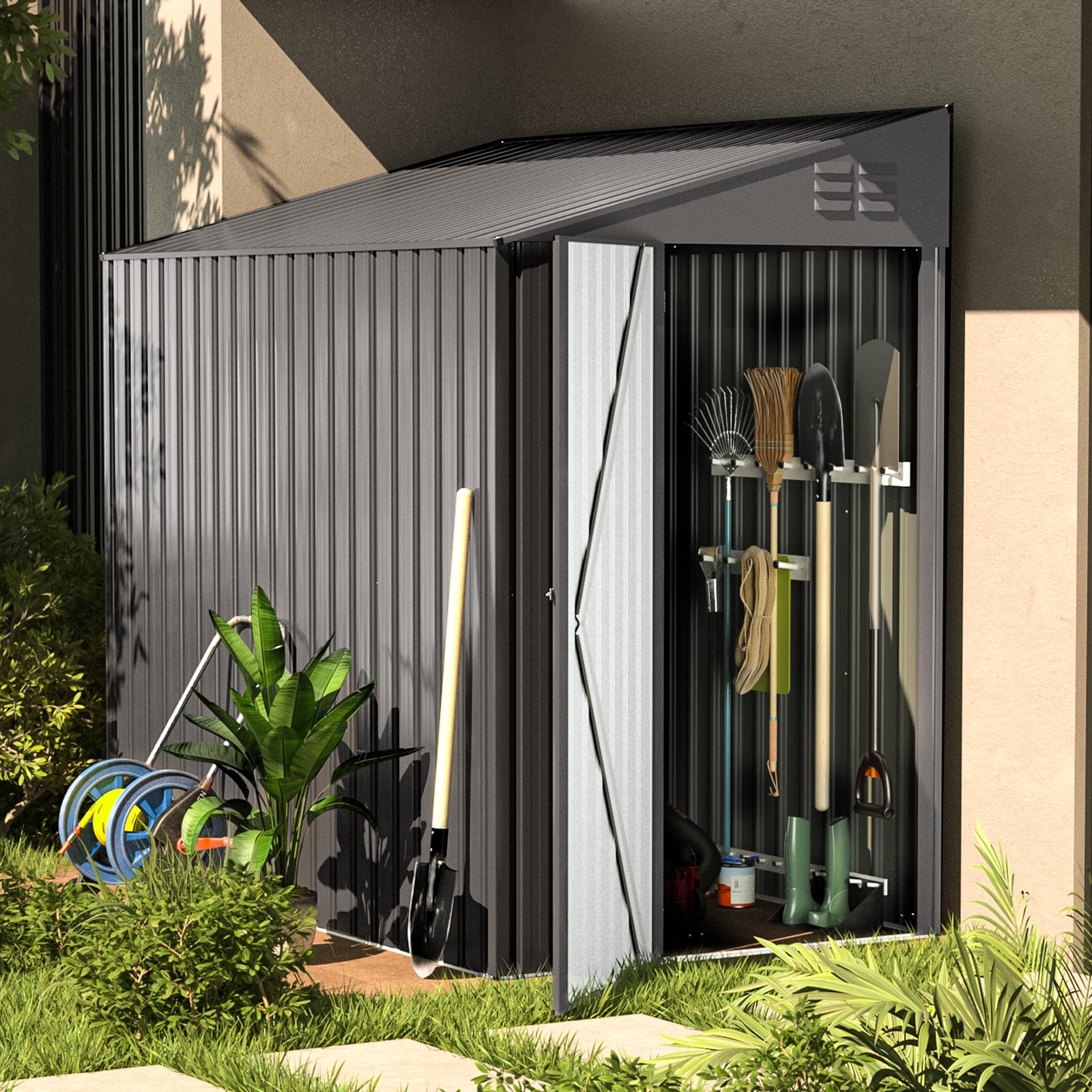 YODOLLA 4.2'x7' Gray Outdoor Metal Storage Side Shed YODOLLA 4.2'x7' Gray Outdoor Metal Storage Side Shed