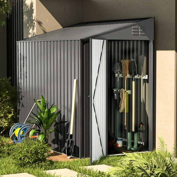 YODOLLA 4.2' x 7' Outdoor Metal Storage Side Shed with Lockable Door Metal Attached Lean-To Shed for Backyard in Gray