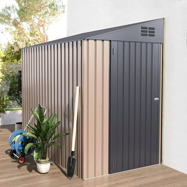 YODOLLA 4.2' x 7' Outdoor Metal Storage Side Shed with Lockable Door Metal Attached Lean-To Shed for Backyard
