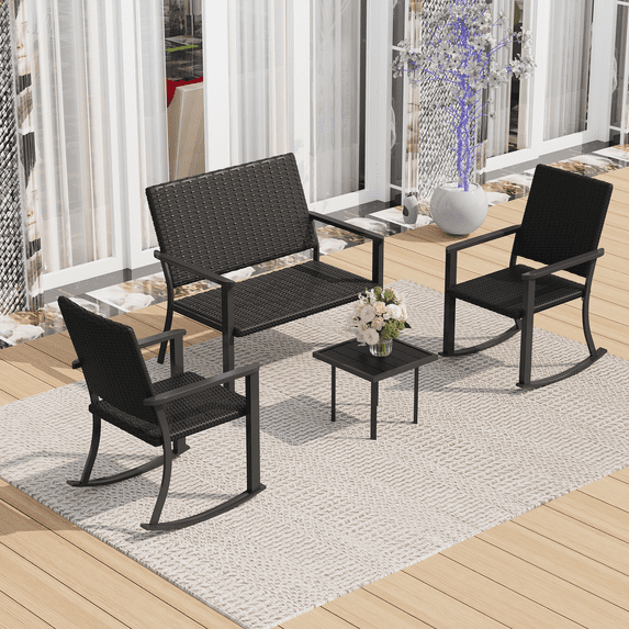 YODOLLA 4-Piece Outdoor Conversation Set, Aluminum Patio Table and Chairs Patio Furniture Set on Sale with Rectangular Side Table, Chairs and Rattan Black Bench for Garden Backyard