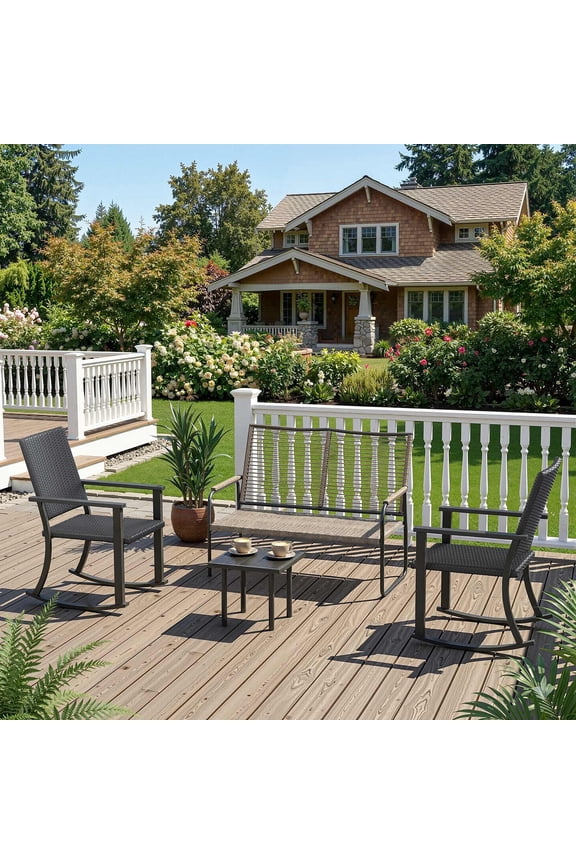4-Piece Outdoor Conversation Set, Aluminum Patio Table and 2 Rocking Chairs Patio Furniture Set on Sale with Rectangular Side Table, Vine Back Bench for Garden Backyard