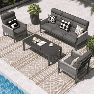 YODOLLA 4 Pieces Aluminum Outdoor Conversation Sets with Cushions, Dark Gray