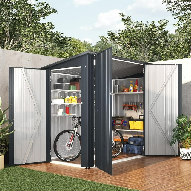 YODOLLA 4 x 7.5 ft Storage Shed with Triple Door, Metal Bike Shed Lean