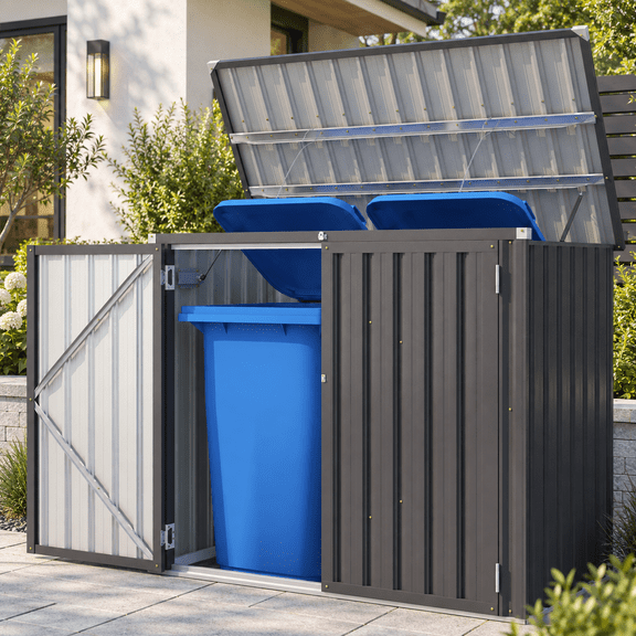 YODOLLA 46 Cu.Ft Outdoor Trash Can Storage Shed with Lift-Up Lid & Gas Strut, Waterproof Metal Garbage Bin Enclosure, Dark Grey