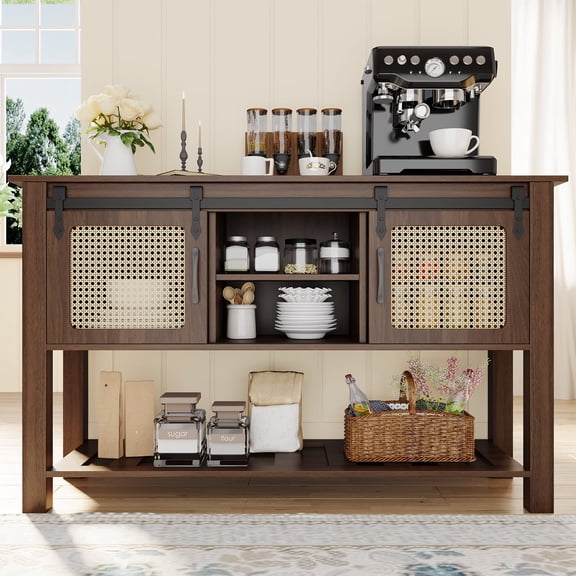 YODOLLA 46'' Kitchen Sideboard Buffet Cabinet with 2  Rattan Sliding Barn Door,  Shelves and Bottom Open Shelf, Brown