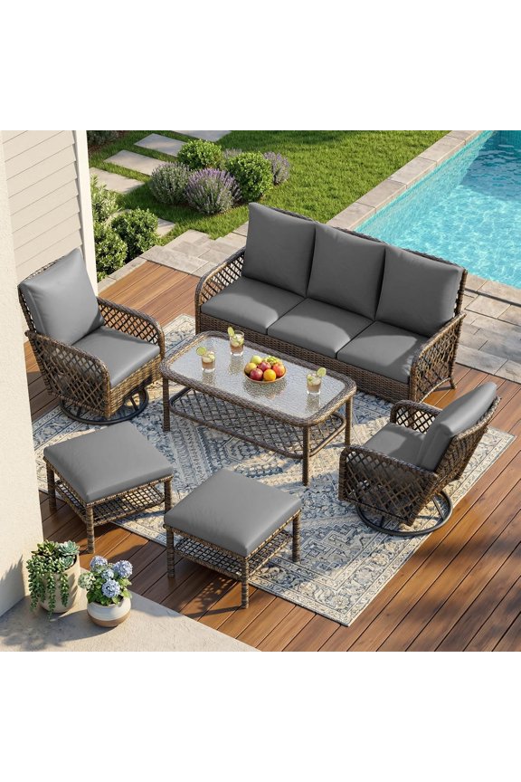4PCS Dark Grey Wicker Patio Furniture Set, 3 Seater Sofa with 2 Ottomans and Central Table, Outdoor Conversation Set