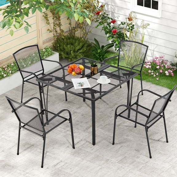 YODOLLA 5-Piece Outdoor Patio Dining Set with 4 Stackable Patio Dining Chairs and Square Patio Metal Table for Yard Garden Backyard Poolside, Dark Gray