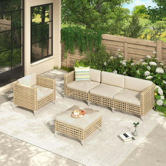 YODOLLA 5-Piece Patio Furniture Set, Boho Style Rattan Wicker 3-Seater Sofa Couch & Single Sofa Couch with Table In Beige